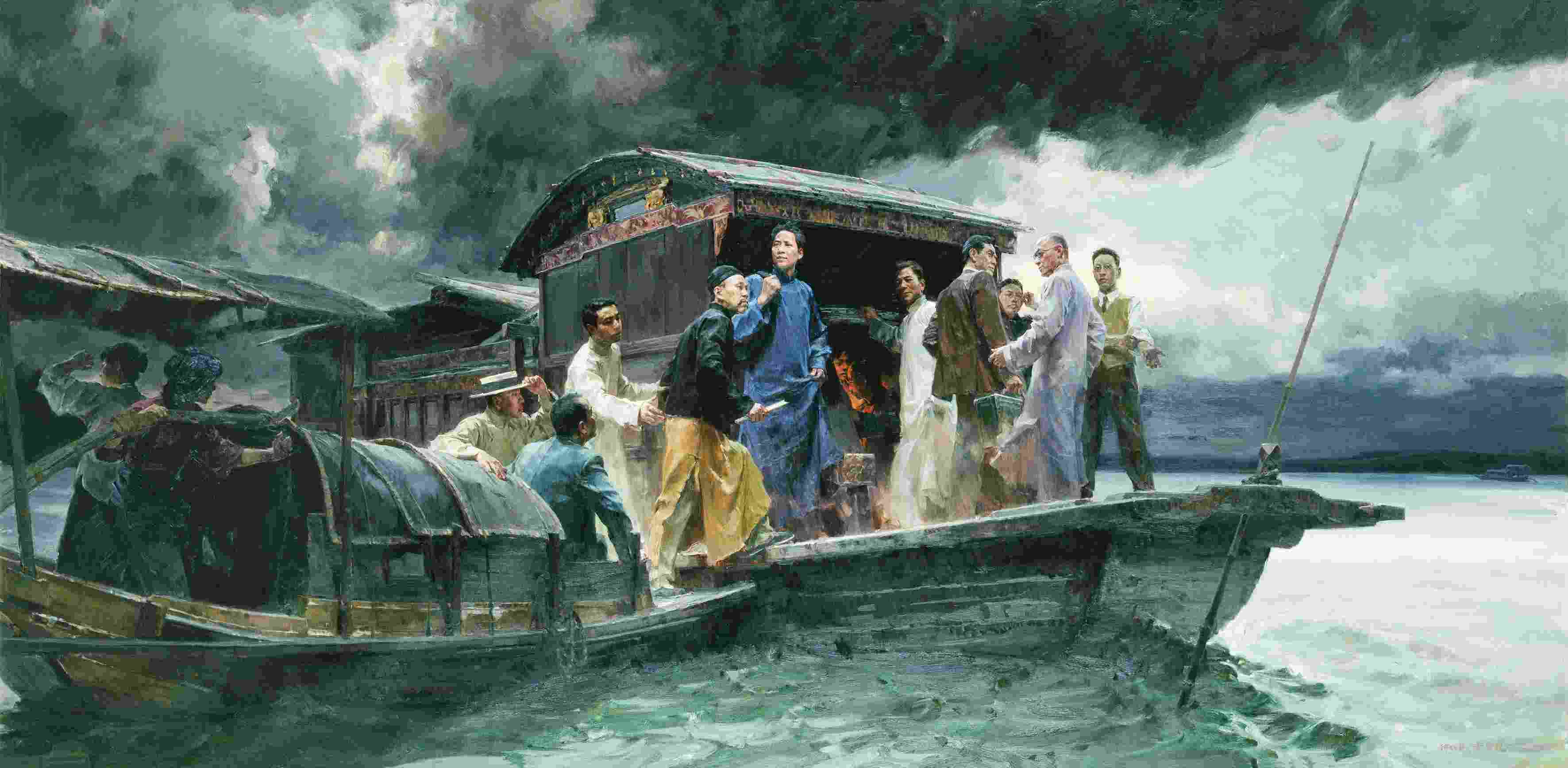 南湖红船油画彩绘图片